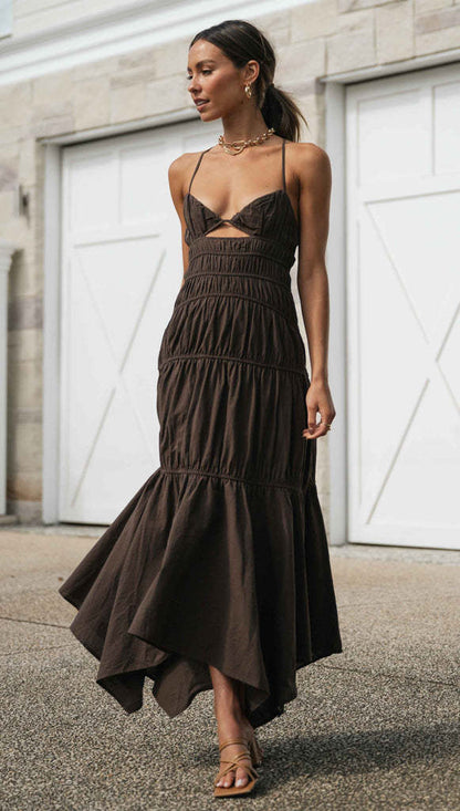 V Neck Back Strap Irregular Long Dress