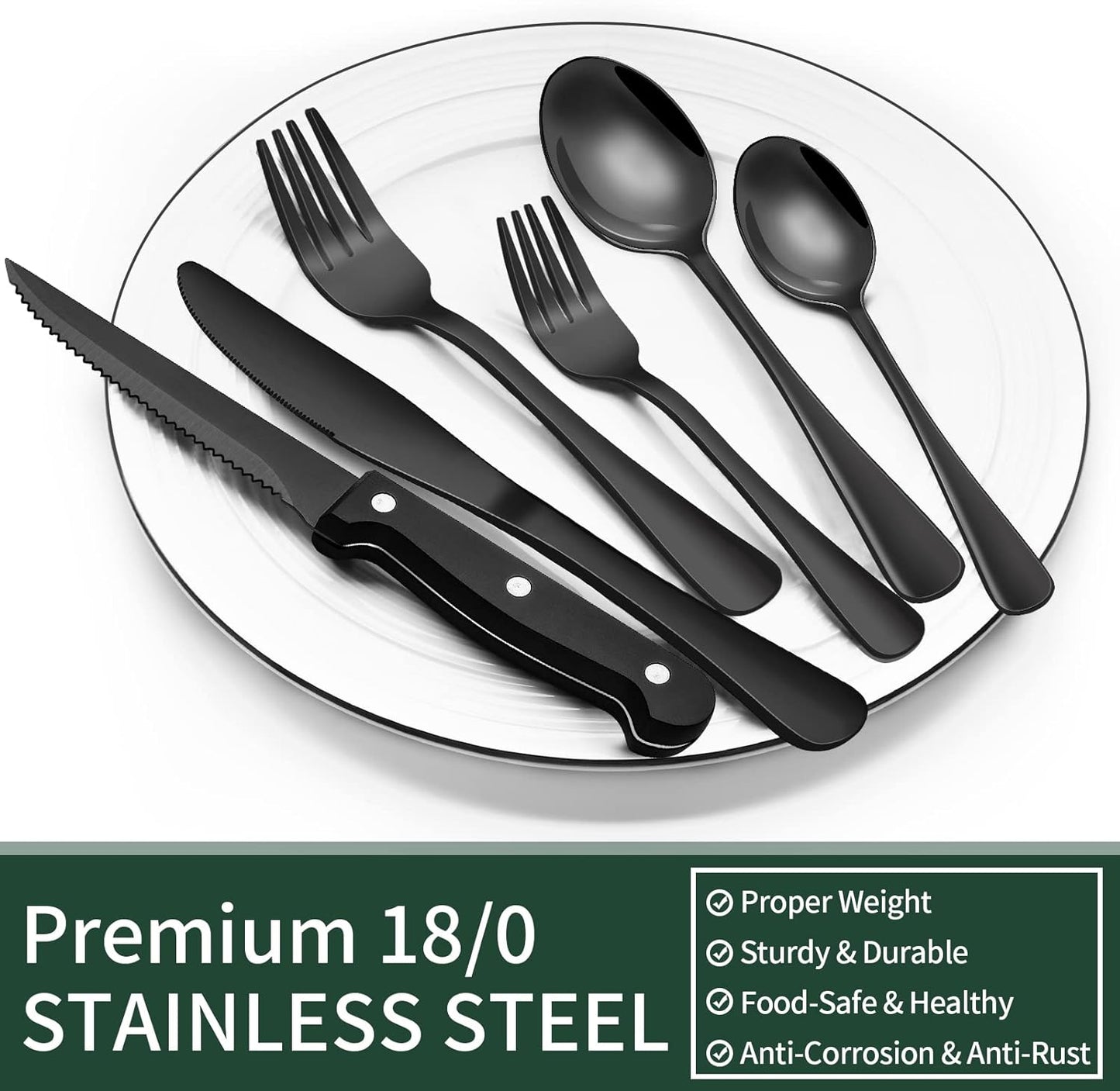 Service de couverts 24 pièces en acier inoxydable noir pour 4 personnes avec couteaux à steak