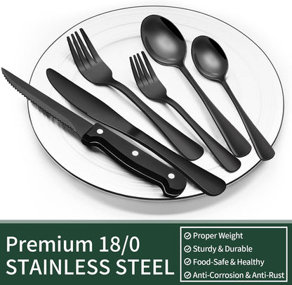 Service de couverts 24 pièces en acier inoxydable noir pour 4 personnes avec couteaux à steak