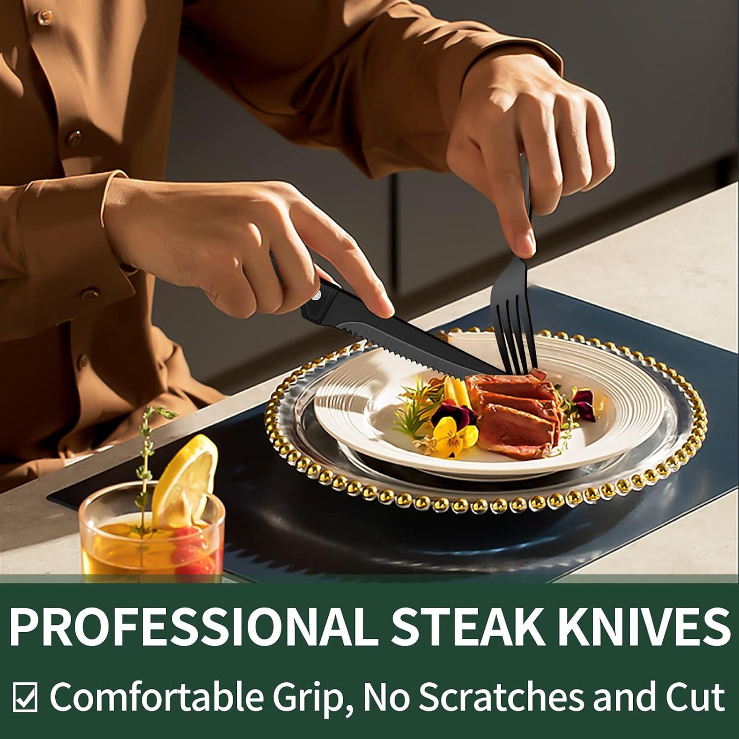 24 Piece Black Stainless Steel Cutlery Set for 4 with Steak Knives