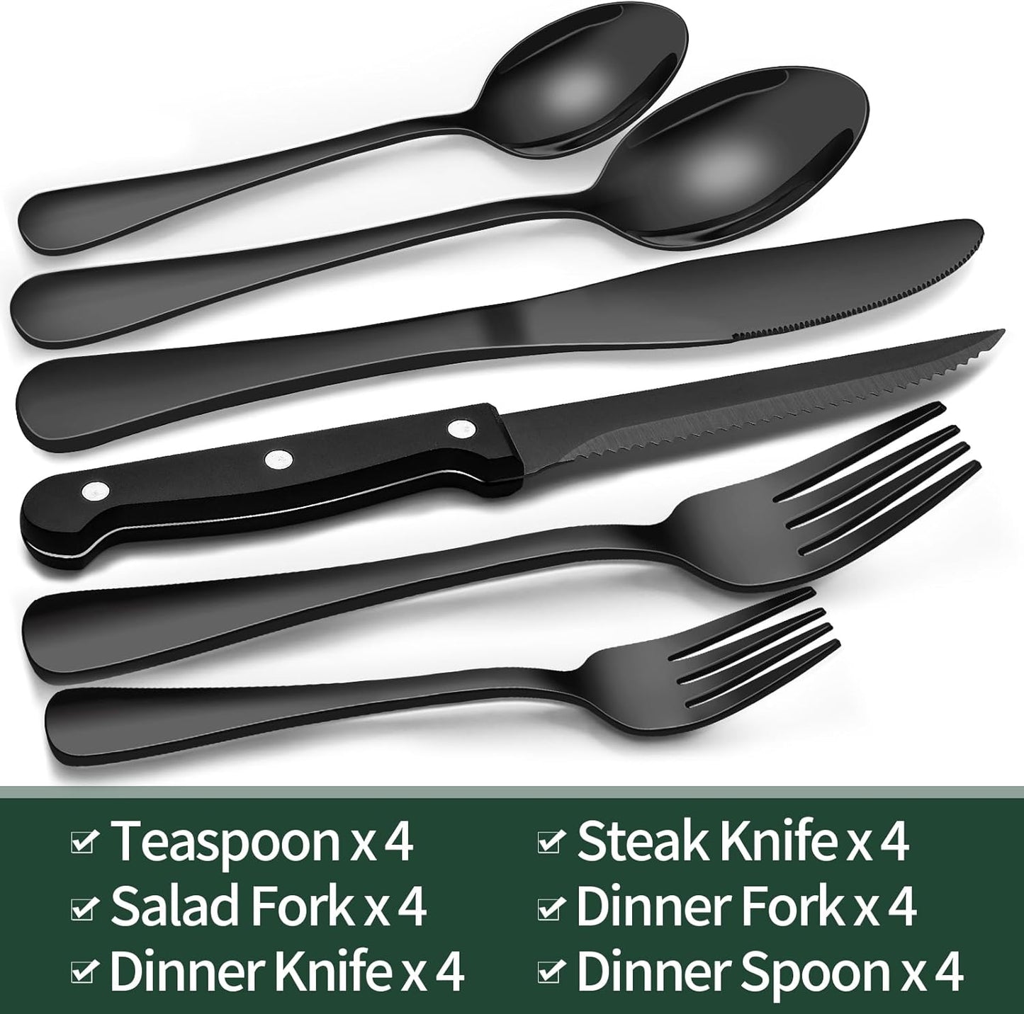 Service de couverts 24 pièces en acier inoxydable noir pour 4 personnes avec couteaux à steak