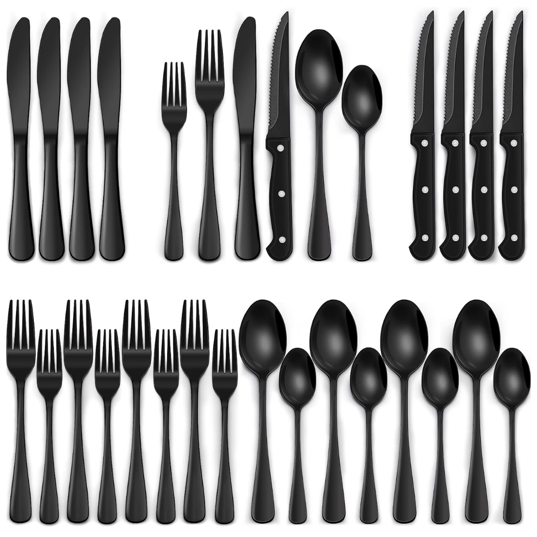 Service de couverts 24 pièces en acier inoxydable noir pour 4 personnes avec couteaux à steak