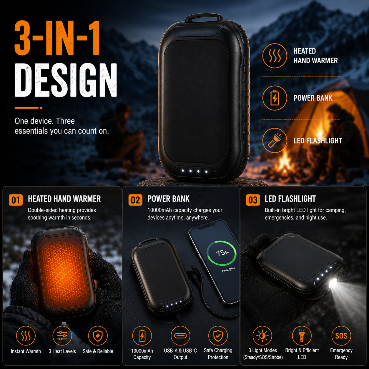 LITEGUEST 3-in-1 Heated Hand Warmer – Power Bank & LED Light