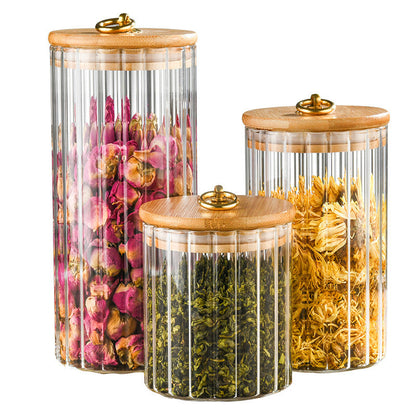 Wooden Lidded Striped Tea And Snacks Storage Jar