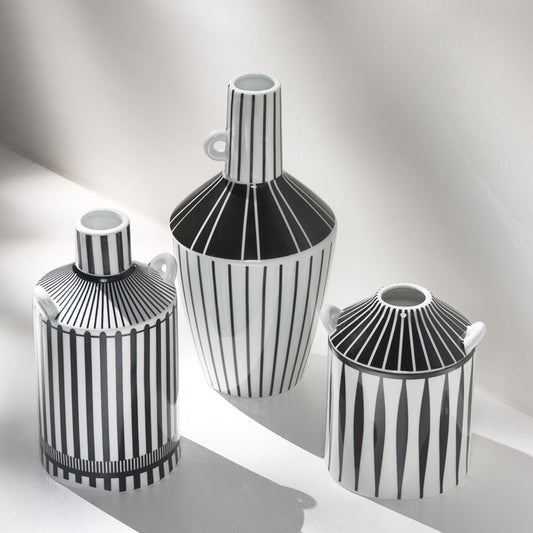 Nordic Black And White Mixed Color Stripe Ceramic Vase Decoration Dried Flower Living Room And Hotel Ornaments