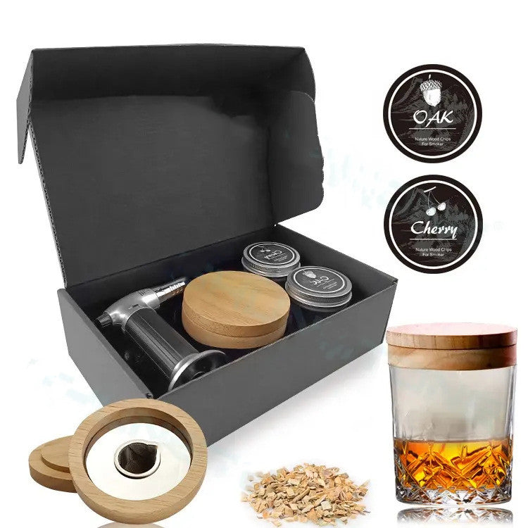 Coffret Cadeau Infuseur de Boissons Bourbon Professionnel | Kit Cocktail Aromatique de Luxe avec Copeaux de Bois | Ensemble d'Assaisonnement de Spiritueux en Chêne Sculpté à la Main avec Torche