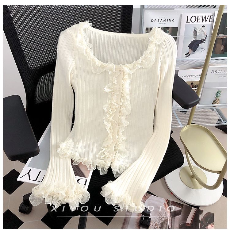 Women Lace Patchwork Black Fungus Edge Knitted Cardigan Jacket
