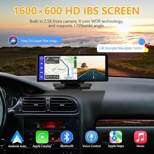 Carplay sans fil portable avec caméra 2,5K, caméra arrière 1080P, écran tactile ultra HD Android Auto 9,3 pouces pour enregistrement en boucle de DVR de voiture, navigation GPS Bluetooth avec système radio FM