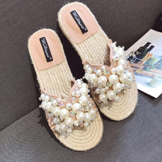 Rhinestone open-toe flat shoes