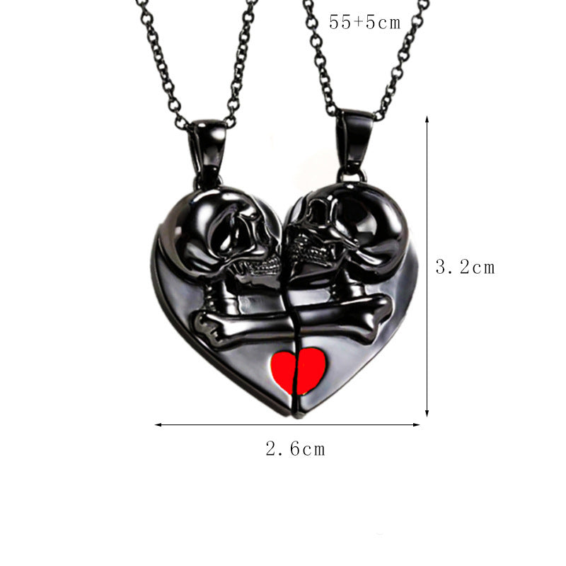 Pendentif Crâne Rétro Punk Collier d'Halloween Crâne d'Amour Magnétique en Forme de Cœur Collier de Couple