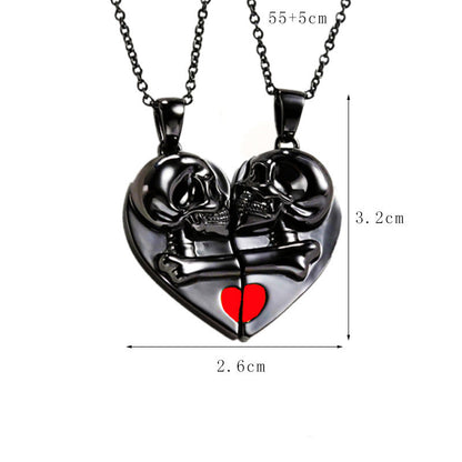Pendentif Crâne Rétro Punk Collier d'Halloween Crâne d'Amour Magnétique en Forme de Cœur Collier de Couple