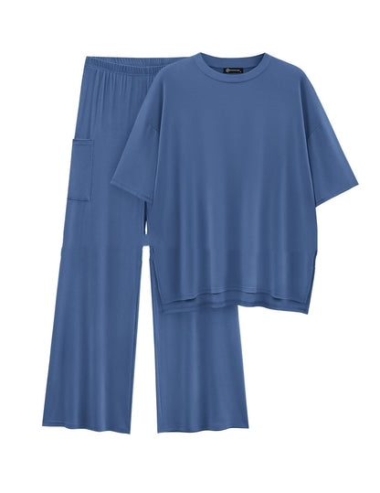 Casual Short Sleeve Pullover Top Wide Leg Pants Casual Suit
