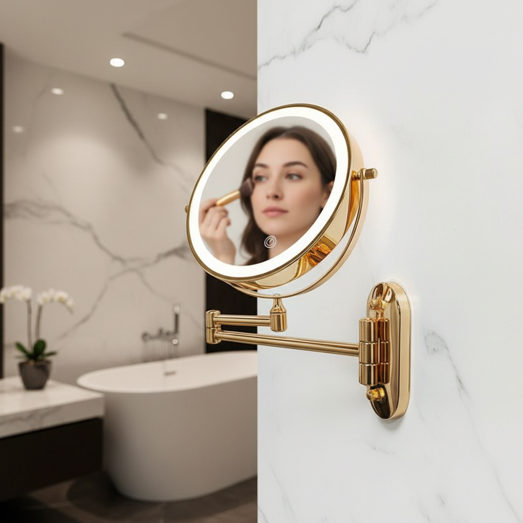 Rechargeable LED Makeup Mirror 10X Magnifying Wall Mount Gold