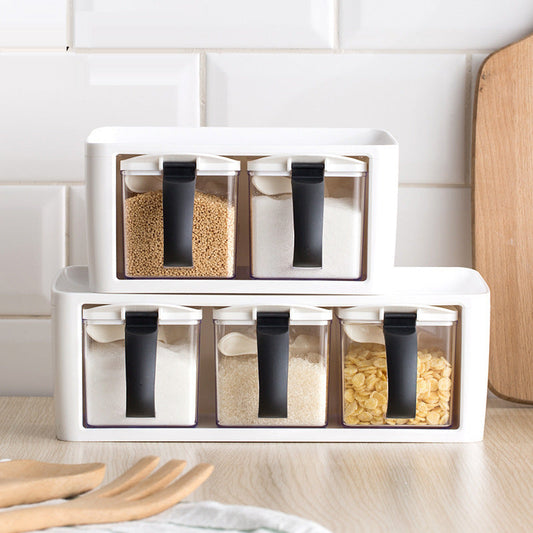 Estante apilable de plástico para especias, recipientes con cuchara y asa, organizador de cocina para hierbas y condimentos
