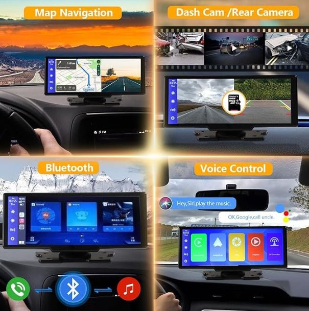 Carplay sans fil portable avec caméra 2,5K, caméra arrière 1080P, écran tactile ultra HD Android Auto 9,3 pouces pour enregistrement en boucle de DVR de voiture, navigation GPS Bluetooth avec système radio FM