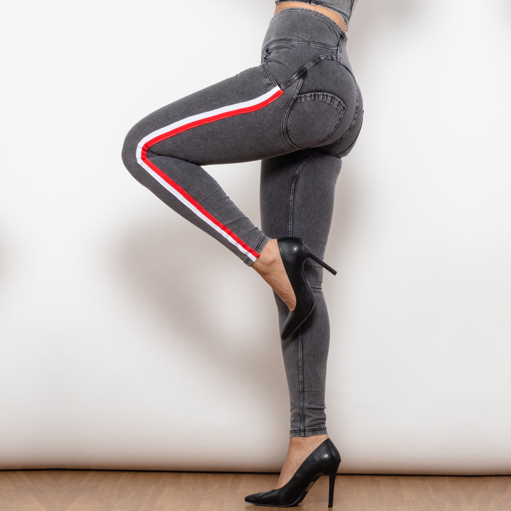 Shascullfites Melody High Waist Dark Thread Grey Jeans With Stripe Jeans Bum Lift Pants Shaping Jeggings Women Pants
