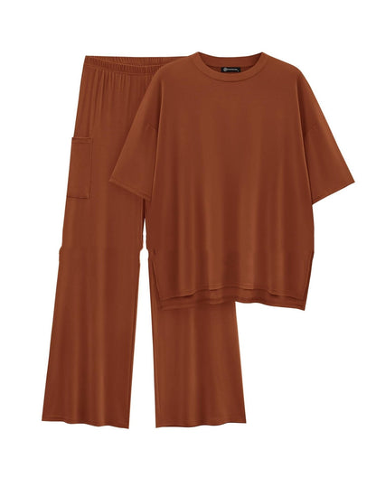Casual Short Sleeve Pullover Top Wide Leg Pants Casual Suit