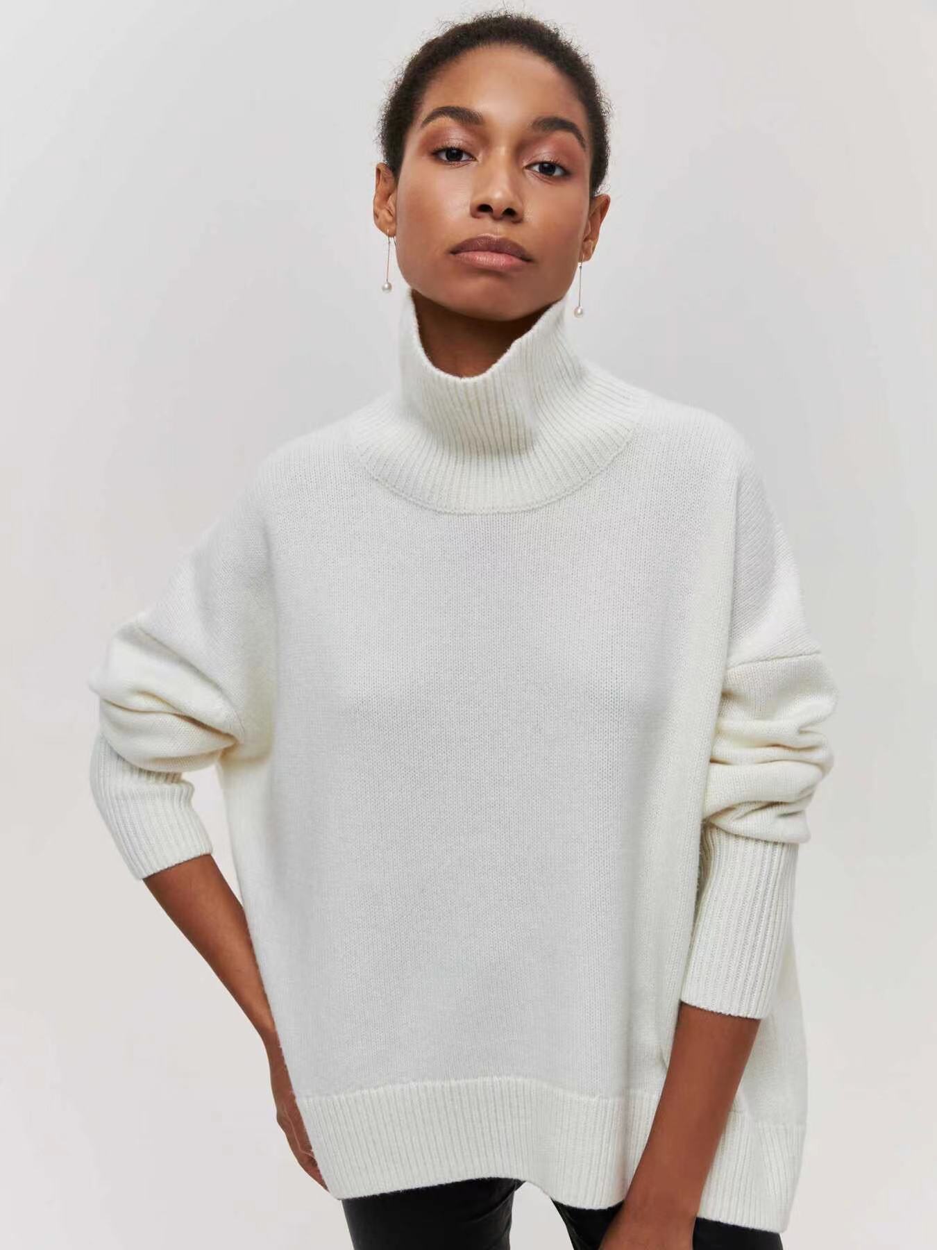 Pull en maille oversize rose vif à col roulé | Pull de fête fuchsia à col montant pour femme