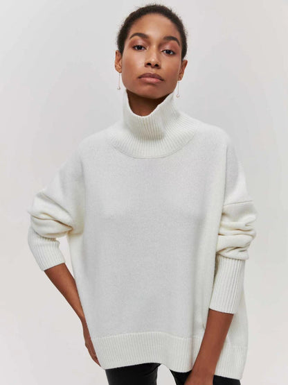 Pull en maille oversize rose vif à col roulé | Pull de fête fuchsia à col montant pour femme