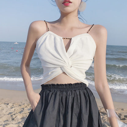 Small waistcoat women''s new summer 2021 Korean version of women''s wear with twisted chain personality suspender