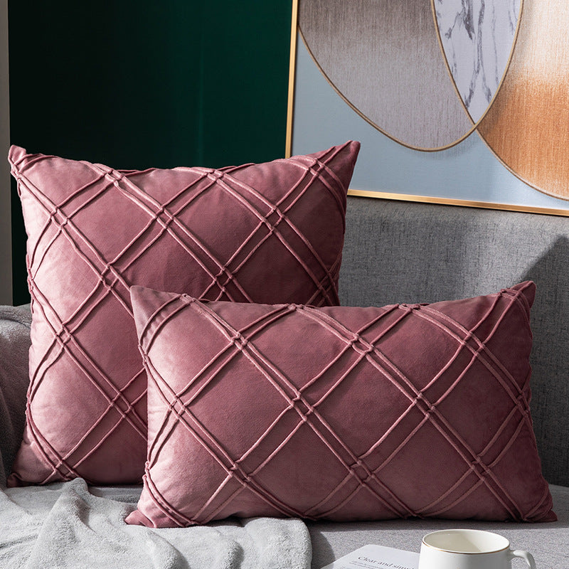 Taie d'oreiller en velours de couleur unie à carreaux, pour canapé, chevet, coussin en peluche courte