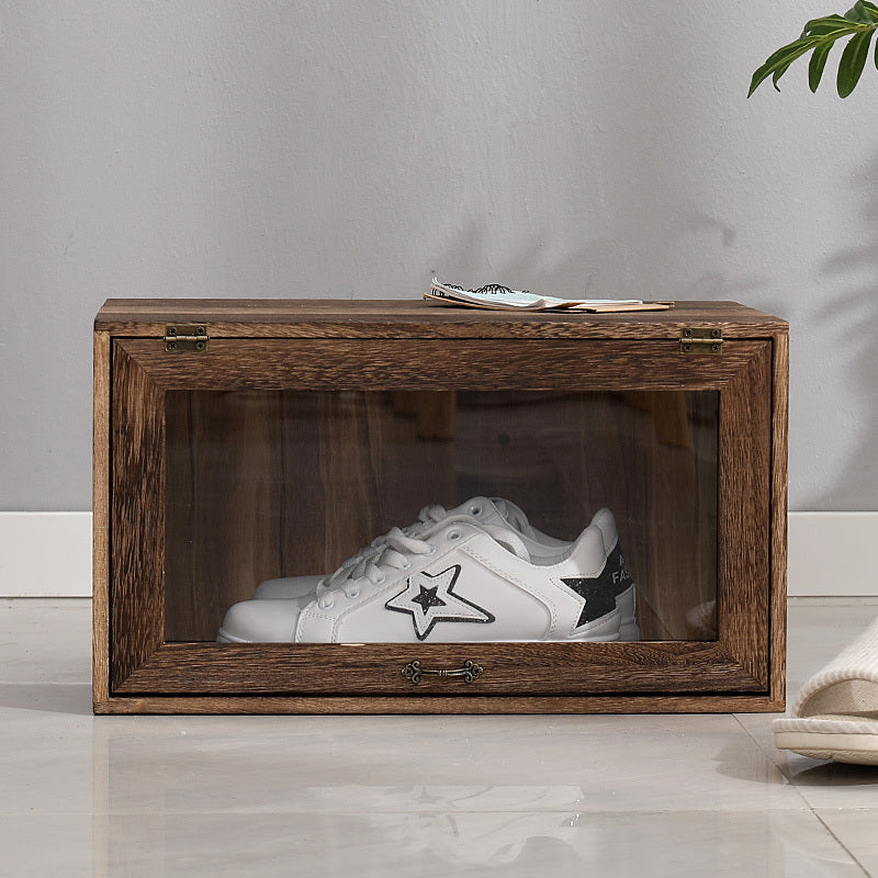 Caja de almacenamiento de zapatos de madera maciza, a prueba de polvo, con tapa transparente