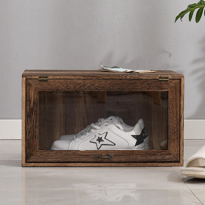 Caja de almacenamiento de zapatos de madera maciza, a prueba de polvo, con tapa transparente
