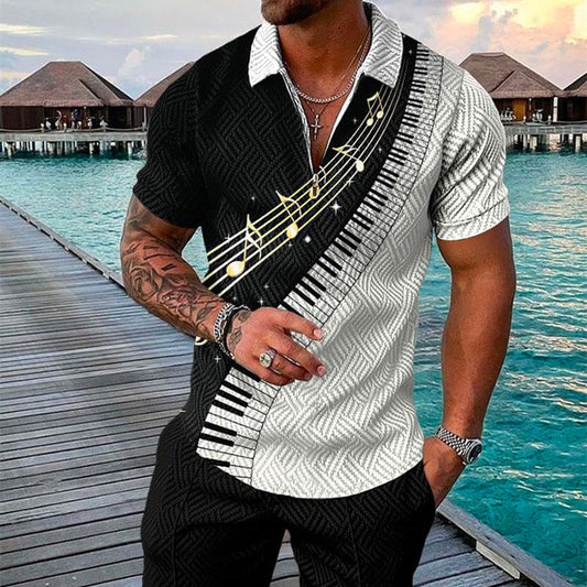 Conjunto de camisa de manga corta con cremallera y solapa, con estampado geométrico 3D, para hombre, estilo veraniego