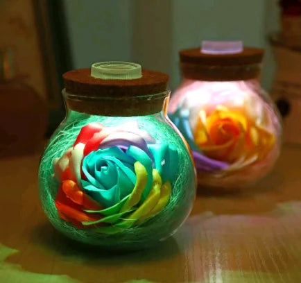 Lucky Star Glass Bottle Soap Flower Night Light with Optional Remote