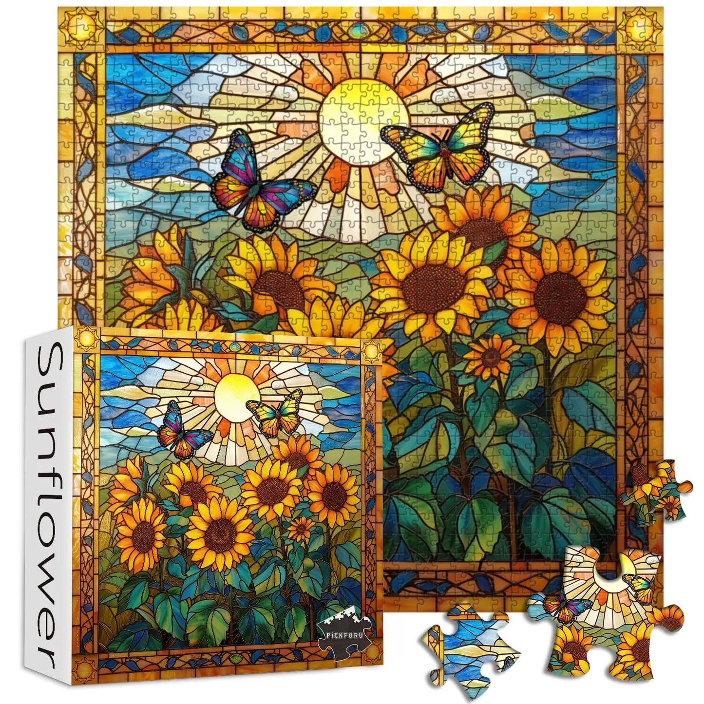 Puzles de Vidrieras para Adultos de 1000 Piezas o más Puzle de Girasoles PICKFORU como Decoración del Hogar Puzles de Mariposas y Flores como Decoración del Hogar