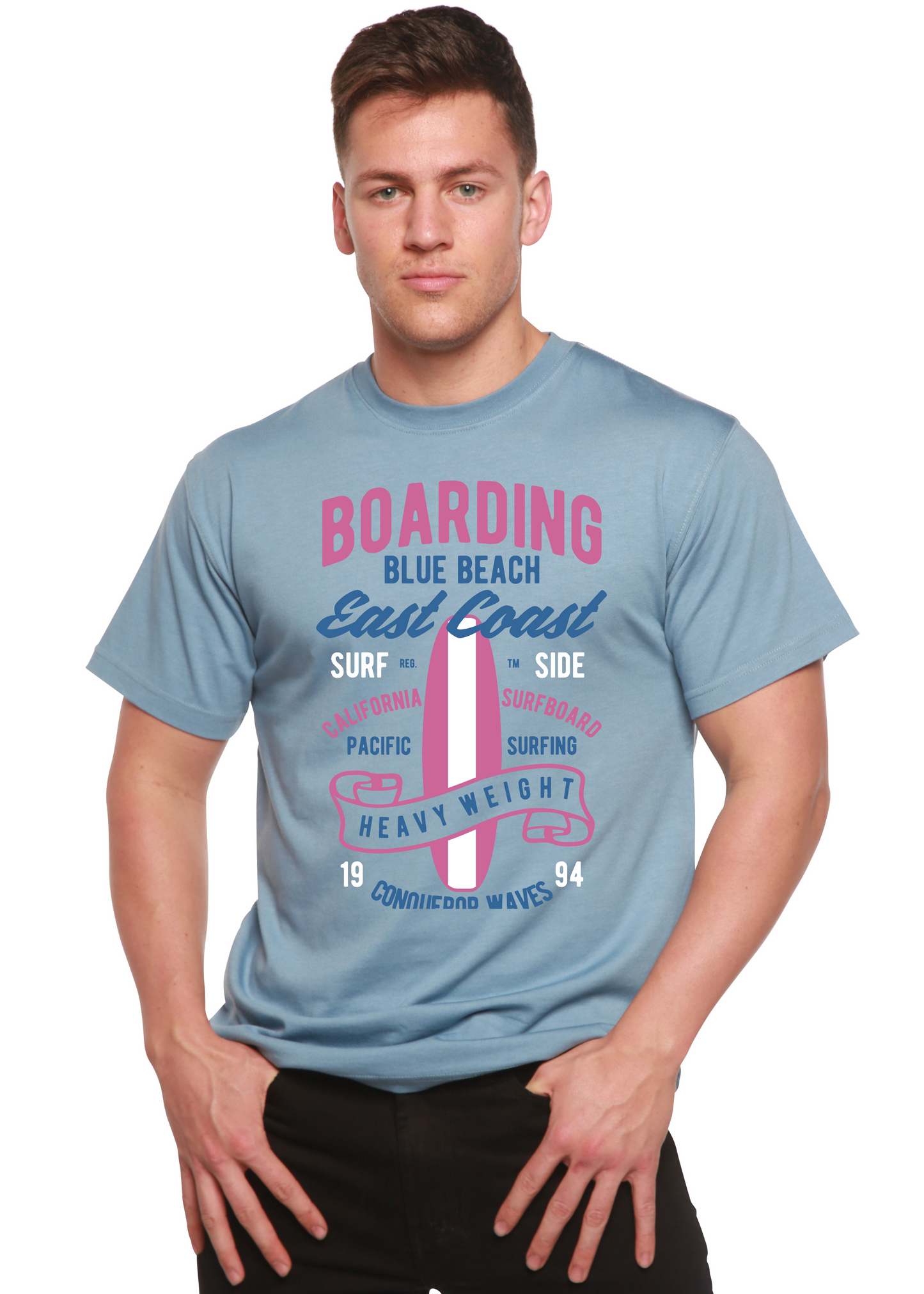 T-shirt graphique à manches courtes en viscose de bambou/coton bio pour homme Boarding Blue Beach