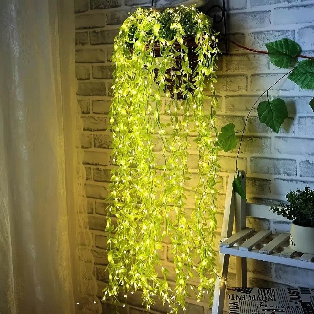 Always-On Willow Light – Imitation Leaf Decorative Wrought Iron Basket with Copper Wire LED String (Battery Powered)