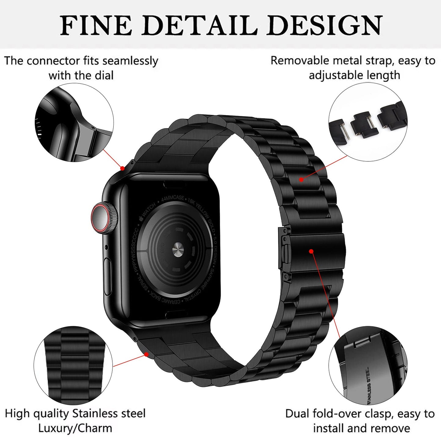 Classic Stainless Steel Metal Slim Band for Apple Watch, Black