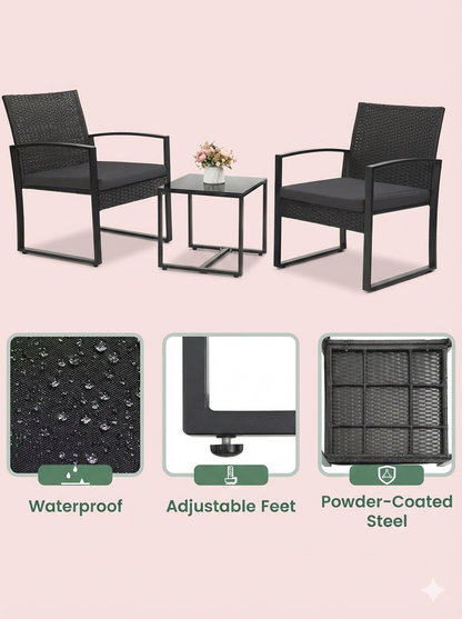 Ensemble de mobilier de jardin 3 pièces – Chaises en osier + table de bar avec coussins
