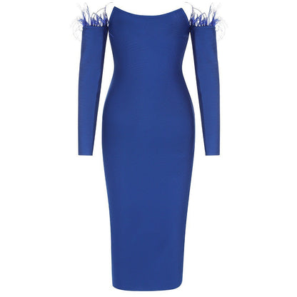 Robe longue à manches longues avec plumes pour femmes