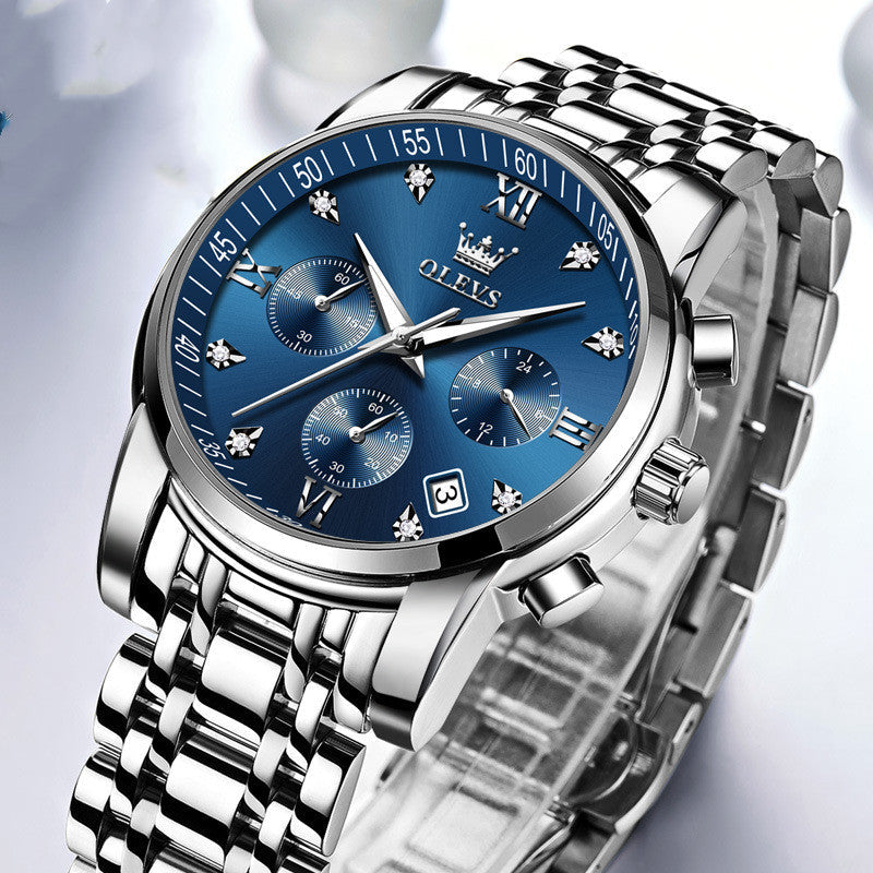 Montres Homme de Luxe, Chronographe en Acier Inoxydable, Étanche, Quartz, Date, Cadran Bleu, Relogio Masculino