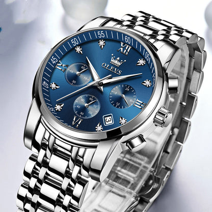 Montres Homme de Luxe, Chronographe en Acier Inoxydable, Étanche, Quartz, Date, Cadran Bleu, Relogio Masculino