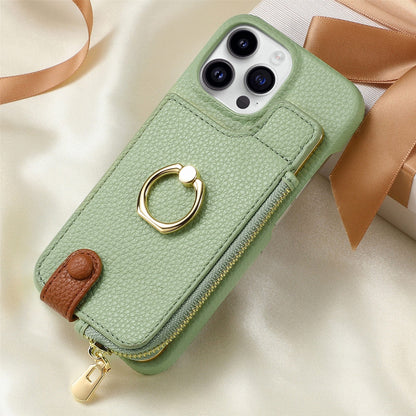 Ring Bracket Zipper Card Holder iPhone Case – Embossed Faux Leather | iPhone X–16