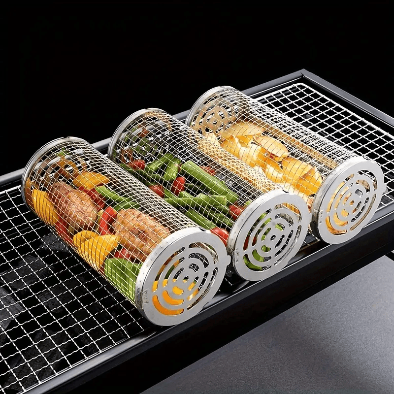 Stainless Steel BBQ Grill Basket with Wood Handle – Non-Stick Rolling Grilling Cage for Vegetables & Meat – Outdoor Camping & BBQ Accessories