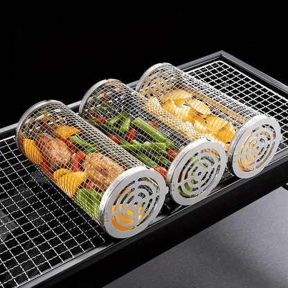 Stainless Steel BBQ Grill Basket with Wood Handle – Non-Stick Rolling Grilling Cage for Vegetables & Meat – Outdoor Camping & BBQ Accessories