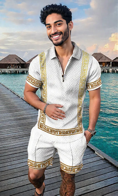 Men's Summer Fashion 3D Printed Short Sleeve Geometric Zip Lapel Shirt Set
