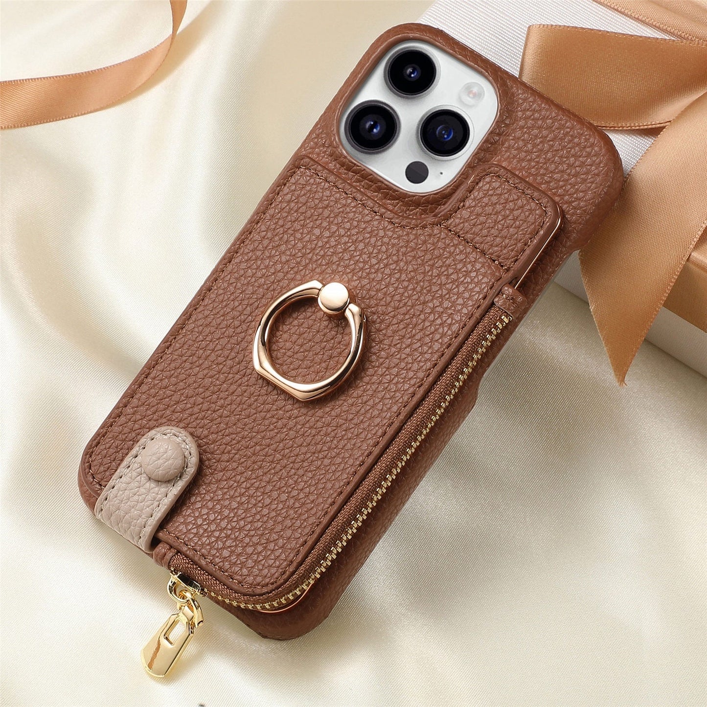 Ring Bracket Zipper Card Holder iPhone Case – Embossed Faux Leather | iPhone X–16