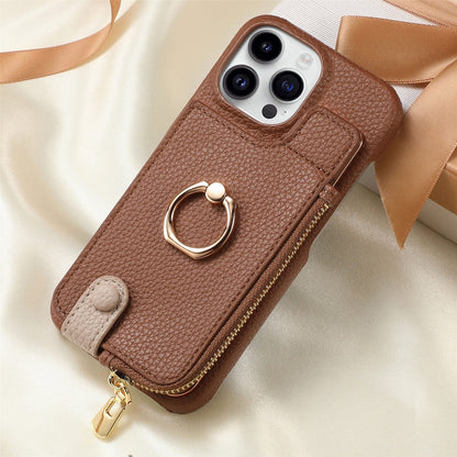 Ring Bracket Zipper Card Holder iPhone Case – Embossed Faux Leather | iPhone X–16