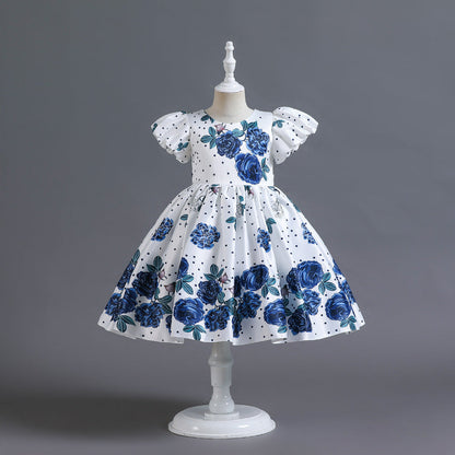Robe de princesse en satin à manches bouffantes et fleurs pour enfants, style européen et américain