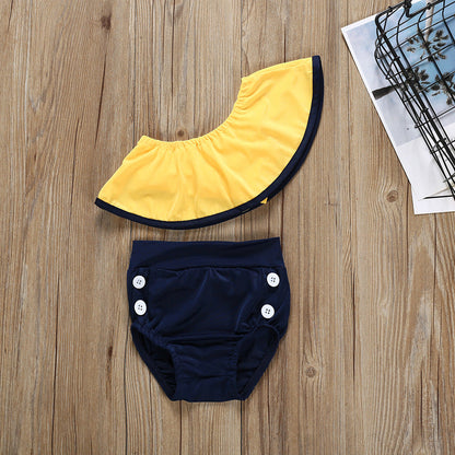 Girls Summer Split Slanted Shoulder Ruffled Candy Color Swimsuit
