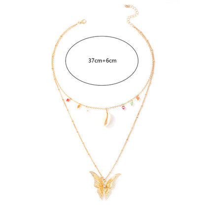 Simple Retro Ethnic Butterfly Shell Color Beads 2 Layer Necklace