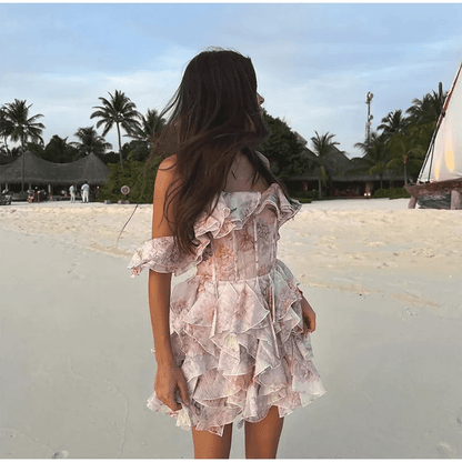 Sexy Floral Flare Sleeve V Neck Mini Dress