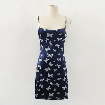 Street Girl Butterfly Print Retro Velvet Slim Suspender Dress Skirt