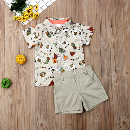 Ensemble chemise imprimée de dessin animé et short de couleur unie pour garçons et filles d'été