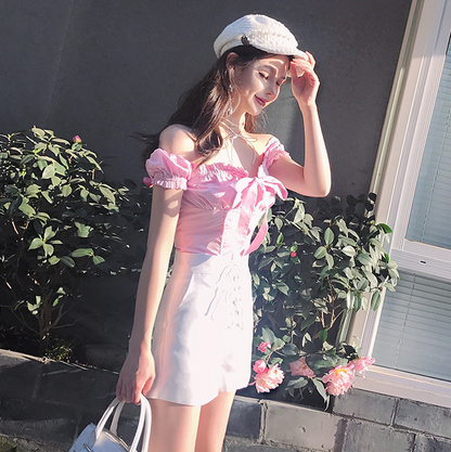 Women's Bowknot Collar Off-Shoulder Short Sleeve Shirt – Flirty & Chic
